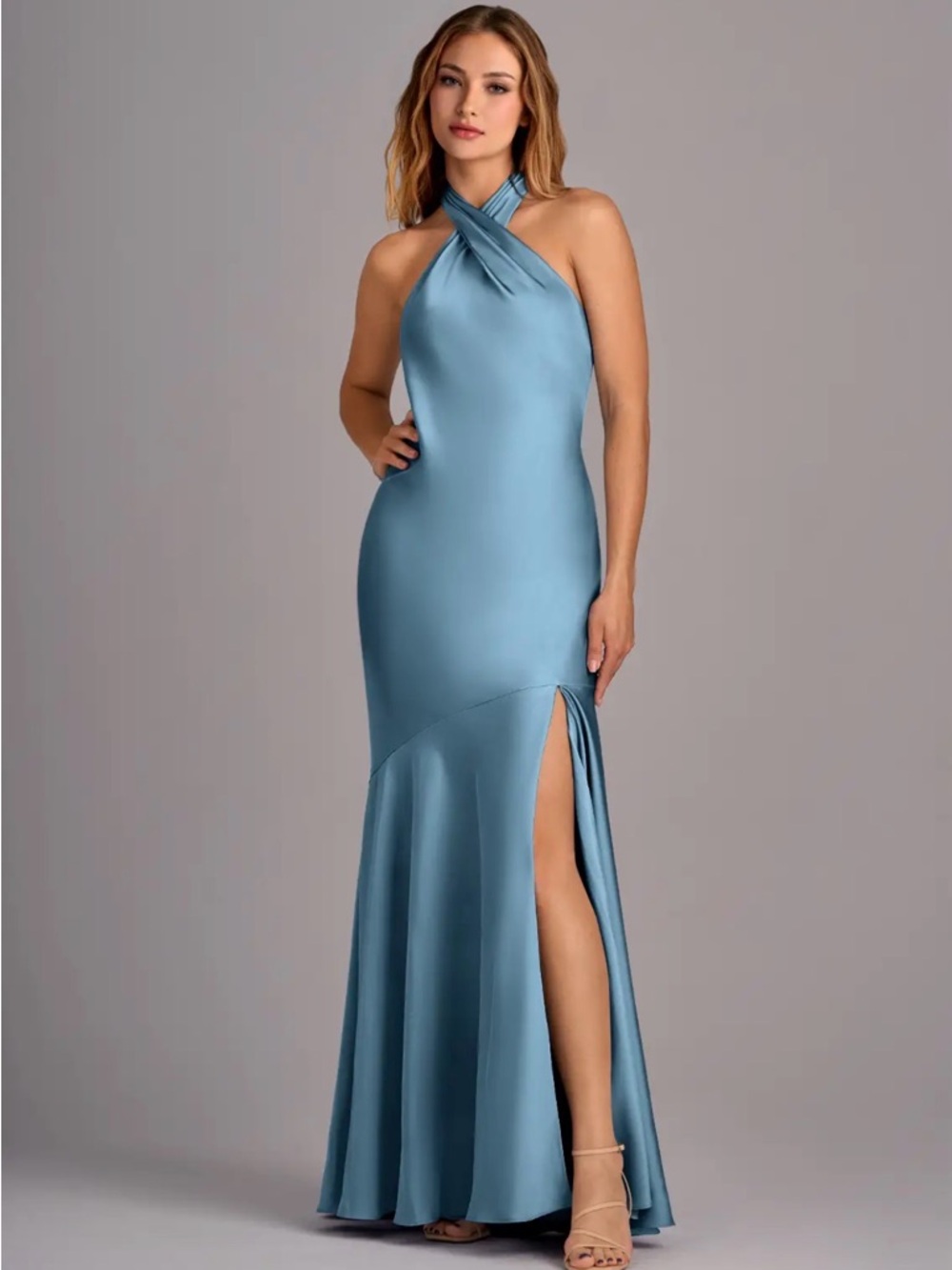 Azazie Lorena Steel Blue US14 Stretch Satin Bridesmaid Dress